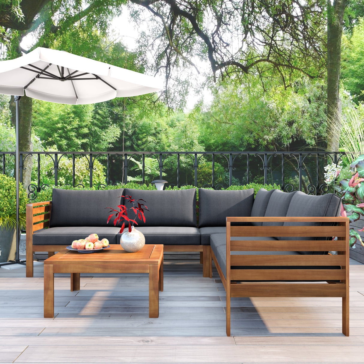 GO Wood Structure Outdoor Sofa Set with Gray Cushions