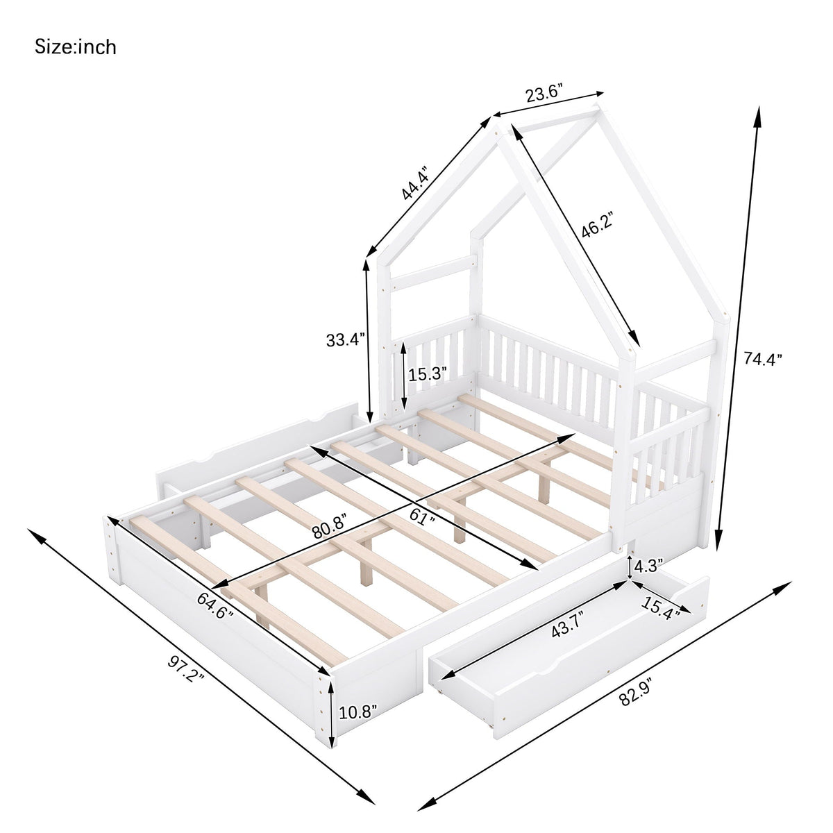 Queen Storage Platform Bed with Guardrail and 2 Drawers - White or Light Brown