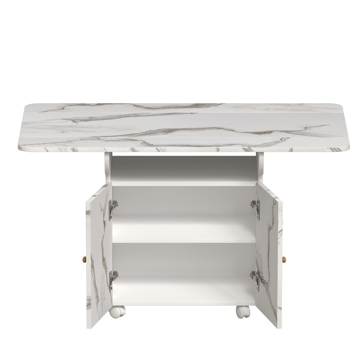 Versatile Marble Folding Dining Table With Storage Rack And Cabinet, 6 Wheels - White