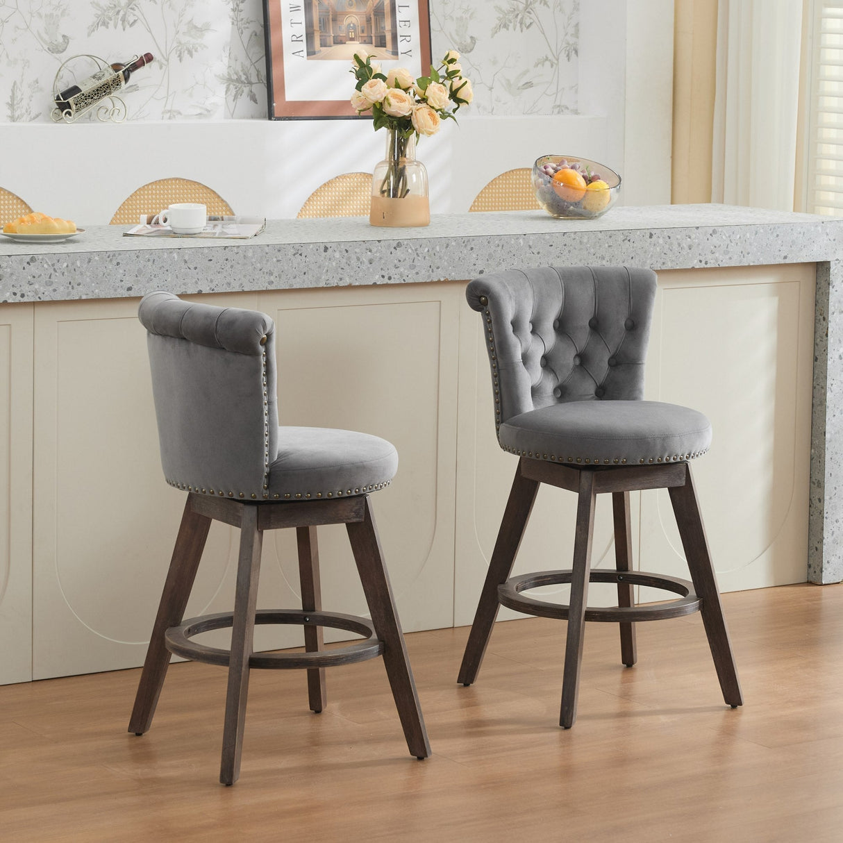26" Counter Height Bar Stools Set of 2 with 360° Swivel and Velvet Upholstery