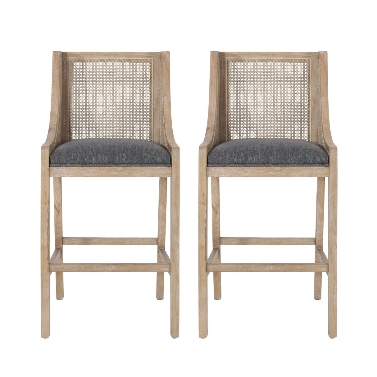 Celestiality Upholstered Barstool with Cane Webbing Backrest, Set of 2 - Bar Stools