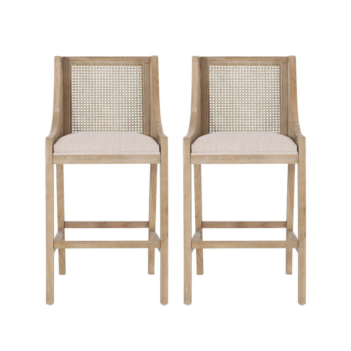Celestiality Upholstered Barstool with Cane Webbing Backrest, Set of 2 - Bar Stools