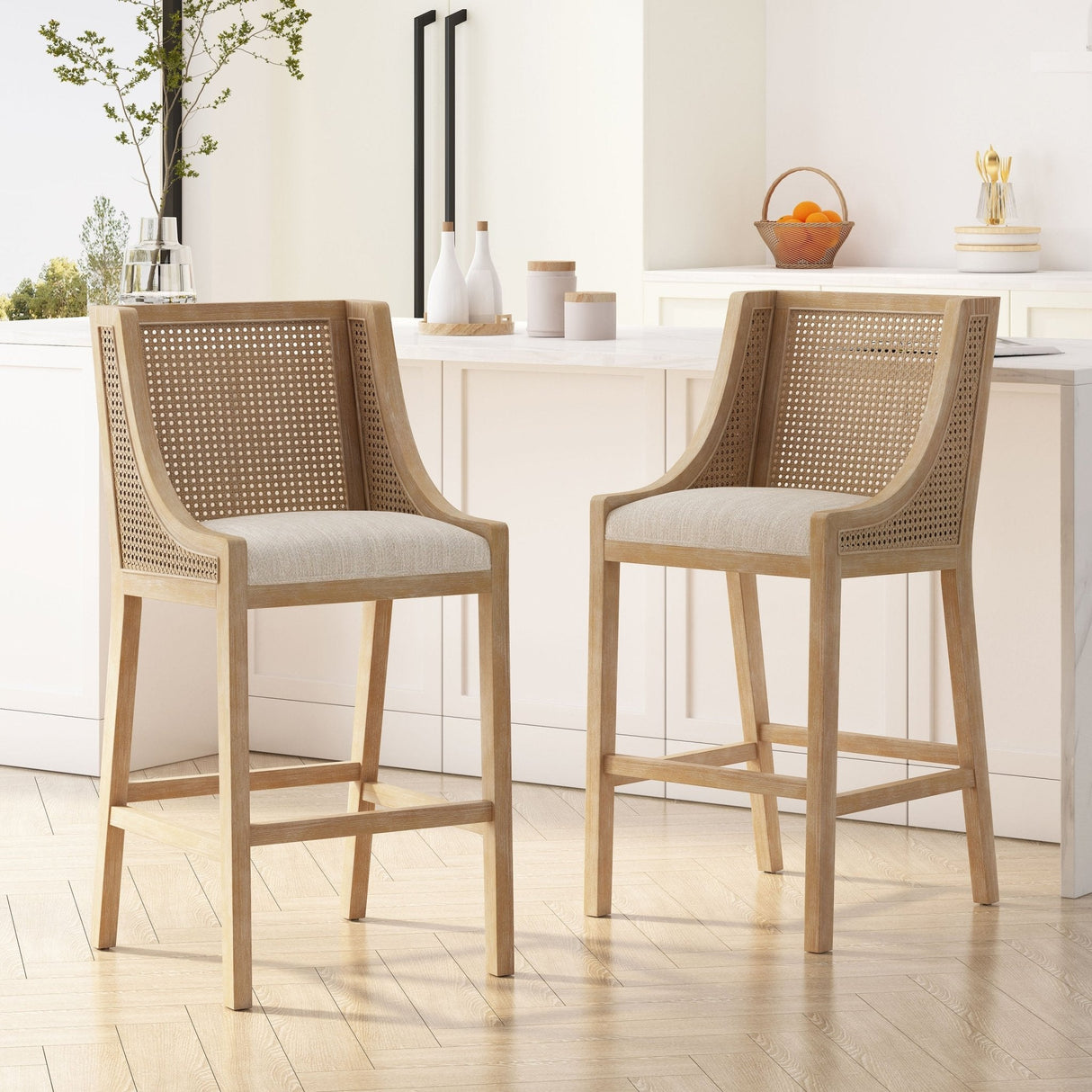 Celestiality Upholstered Barstool with Cane Webbing Backrest, Set of 2 - Bar Stools