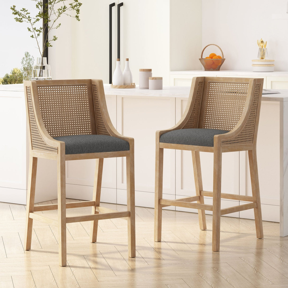 Celestiality Upholstered Barstool with Cane Webbing Backrest, Set of 2 - Bar Stools
