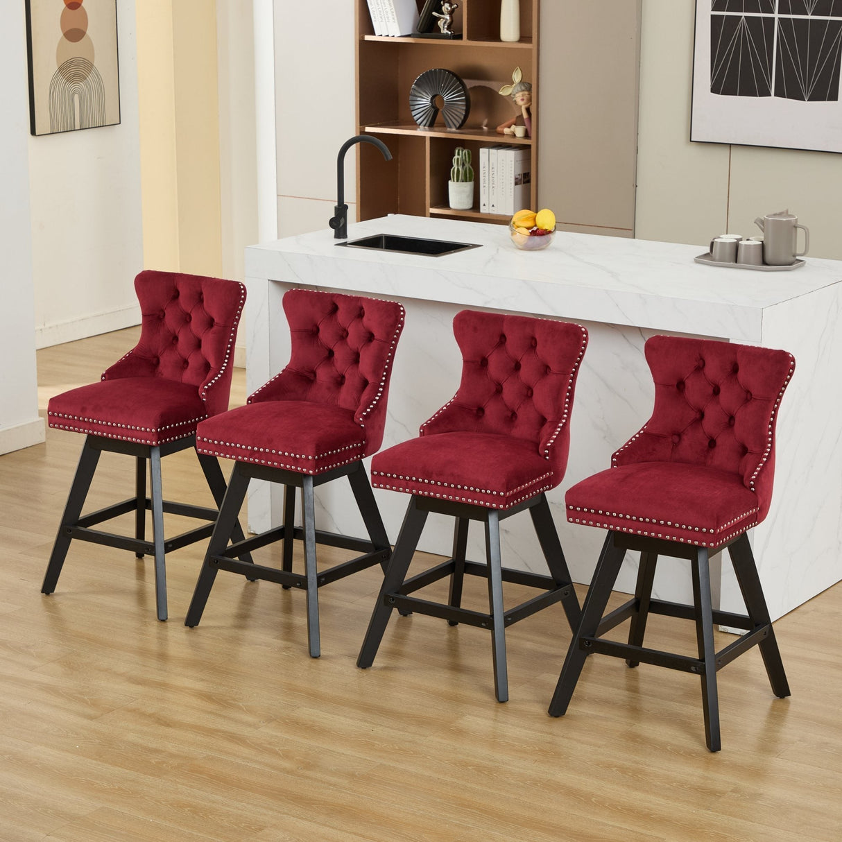 Swivel Velvet Barstools with Button Tufted DecorationSet of 2 (Wine Red)