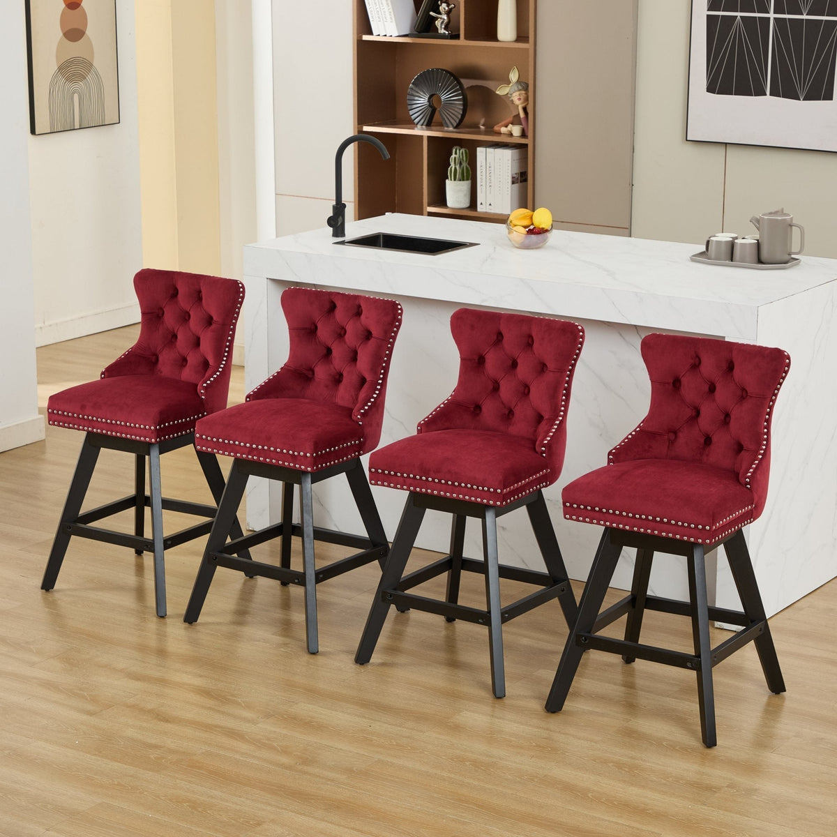 Swivel Velvet Barstools with Button Tufted Decoration - Set of 2 with 360° Swivel - Wine Red