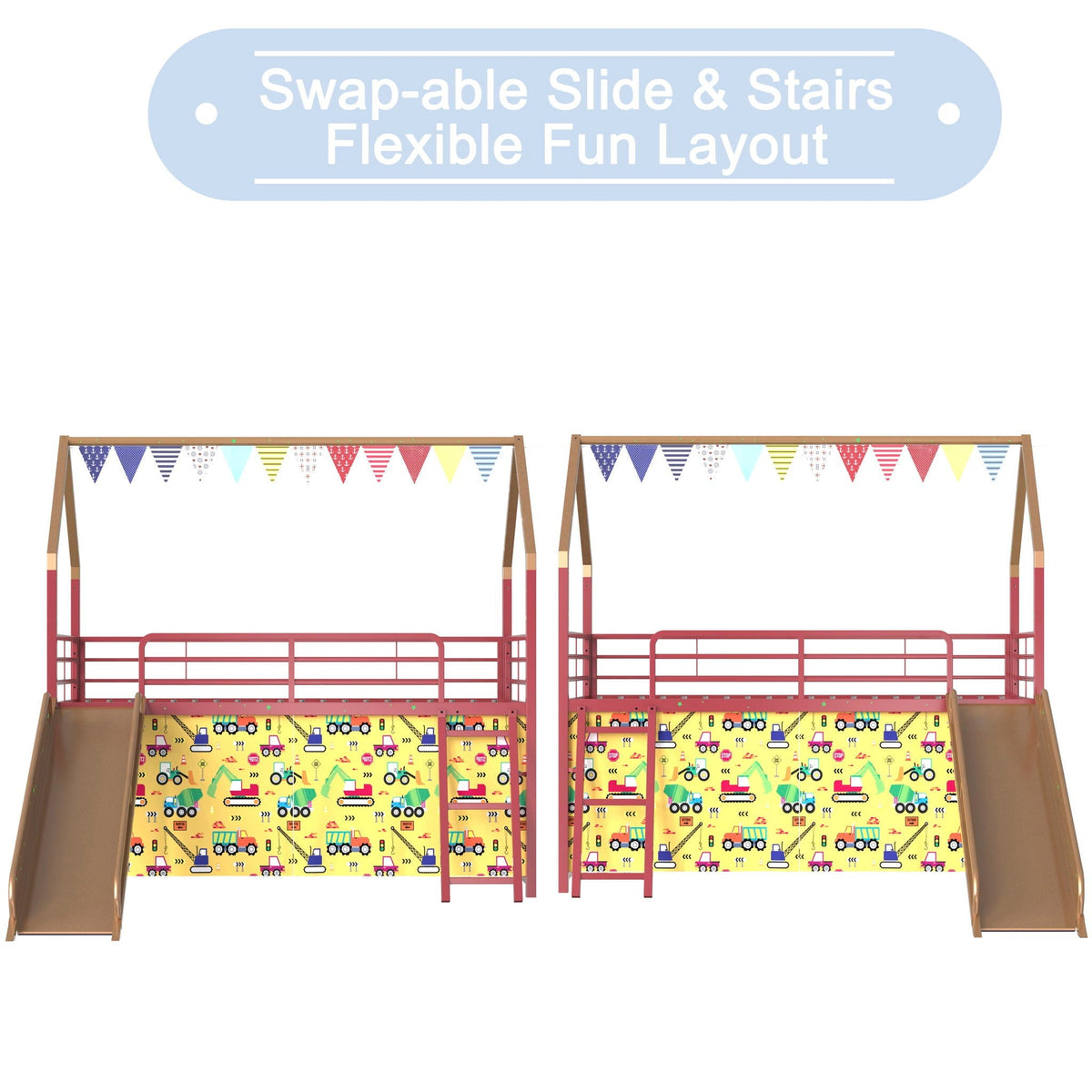 Jack - House Loft Bed With Slide And Curtain Set