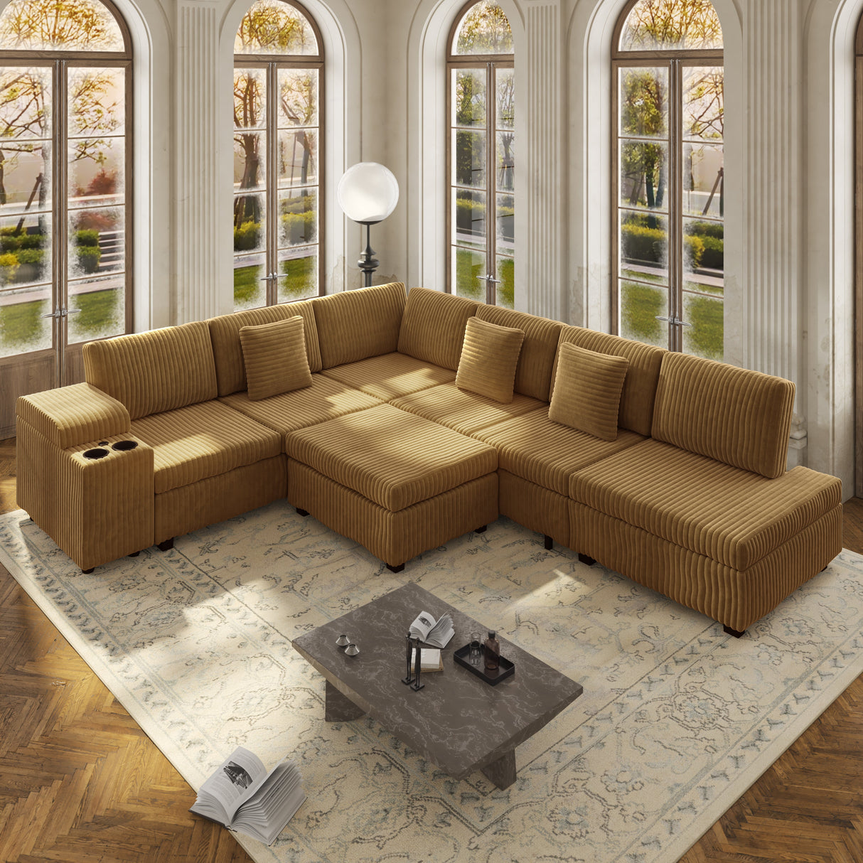 110.2" L-Shaped Sectional Sofa Set with Removable Ottoman in Camel