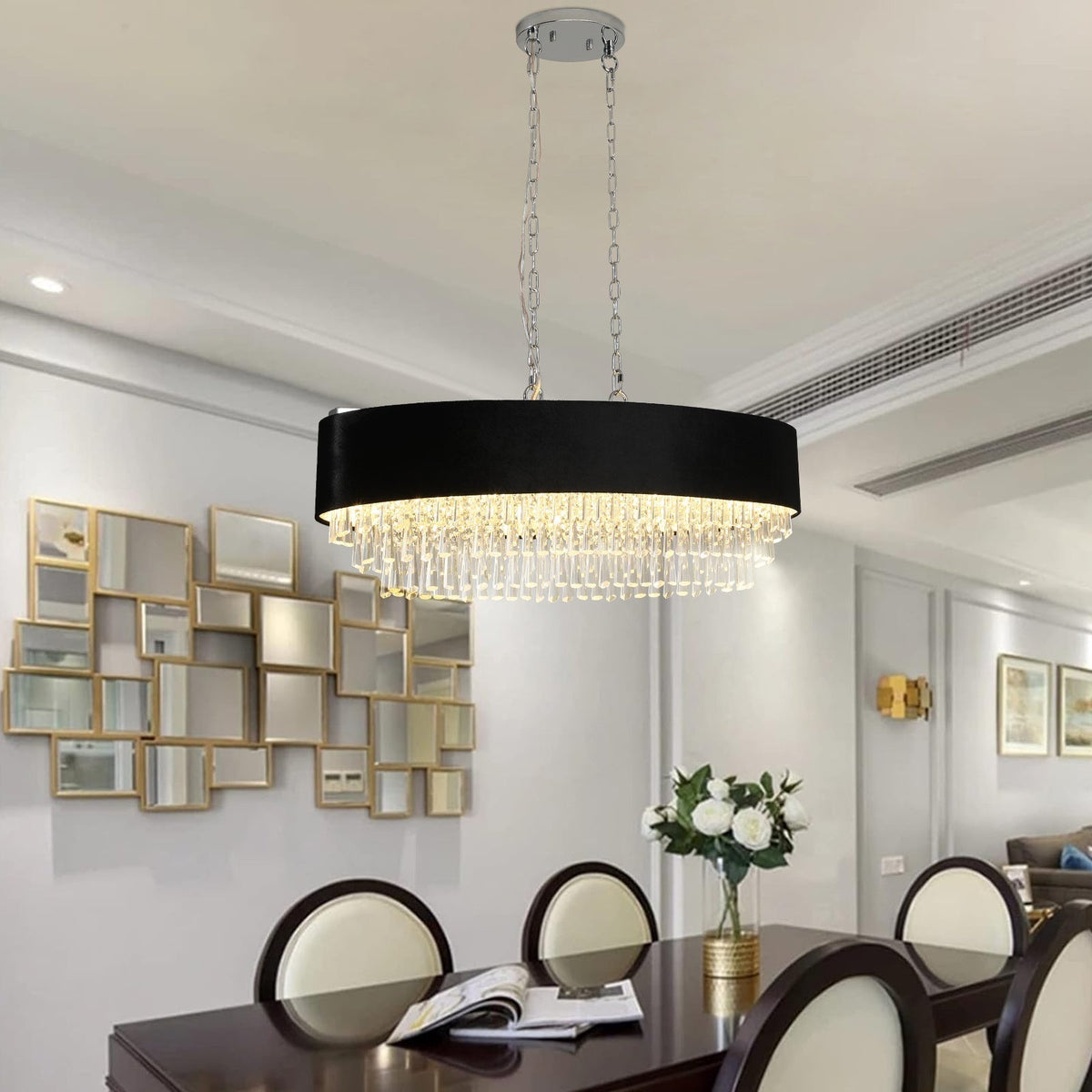 39' Modern Crystal Chandelier with Black Imitation Velvet Anti-Glare Shade, Adjustable Height, 8-Light G9 Base for Dining Room, Living Room, or Bedroom (Bulb Not Included)