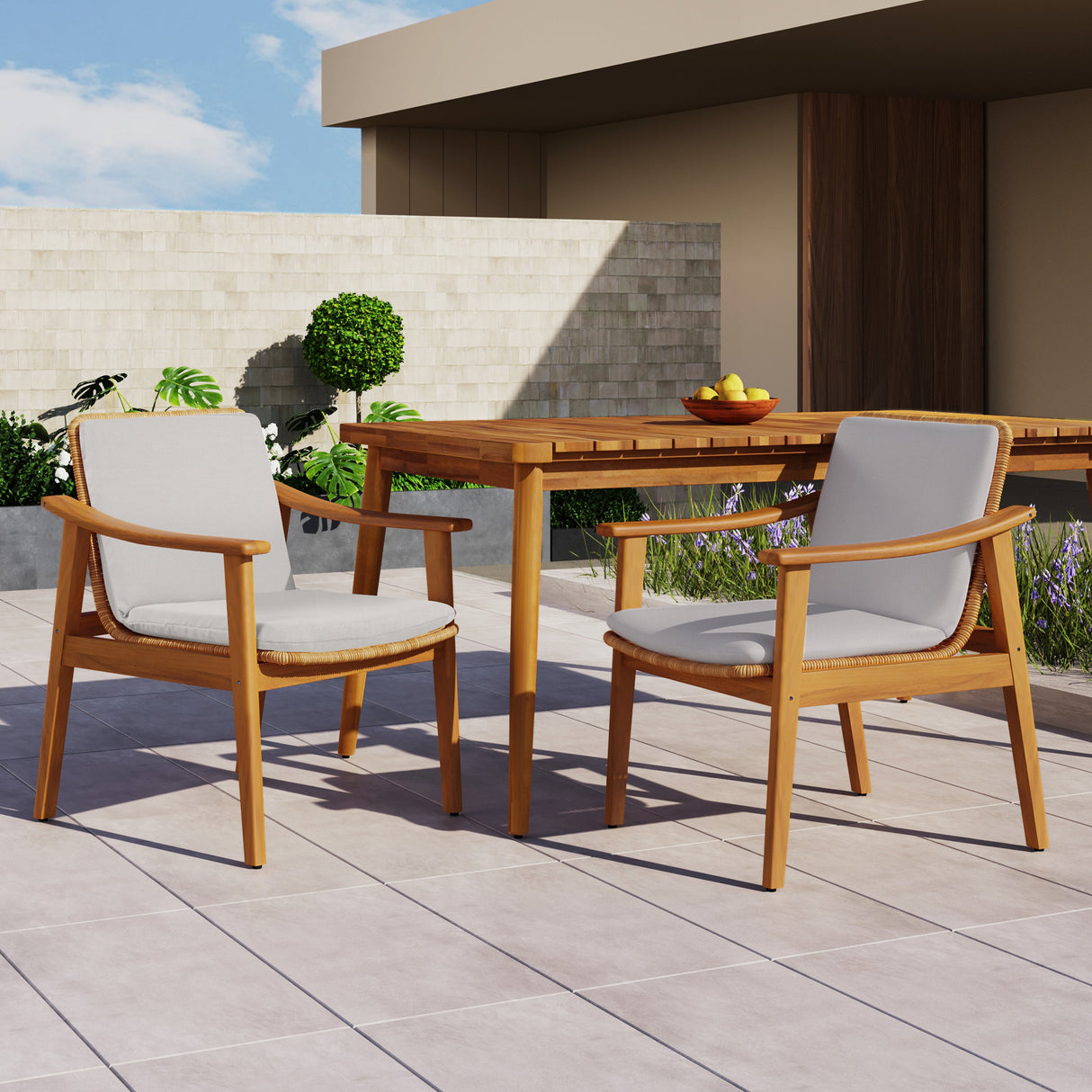 Outdoor Dining Chairs Set of 2, Teak Color Acacia Wood Frame