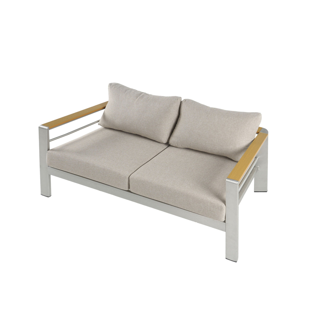 Cora Outdoor Aluminum Loveseat, Silver Frame with Beige Cushion