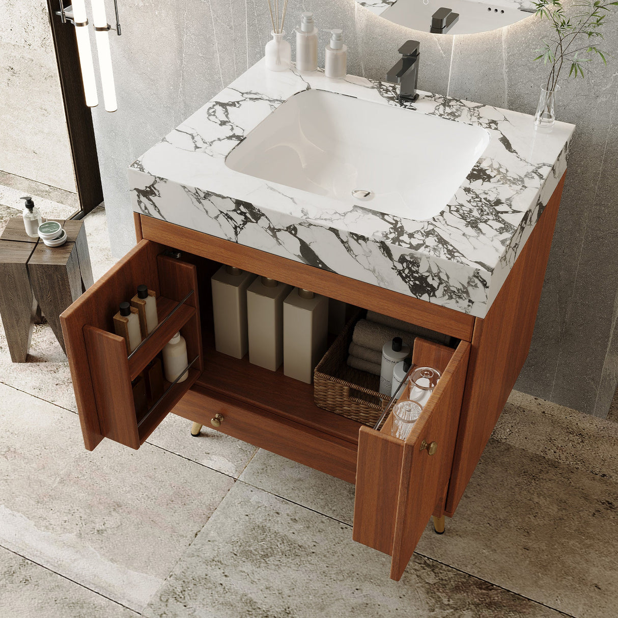Mid-Century Free-Standing Bathroom Vanity with Faux Marble Top