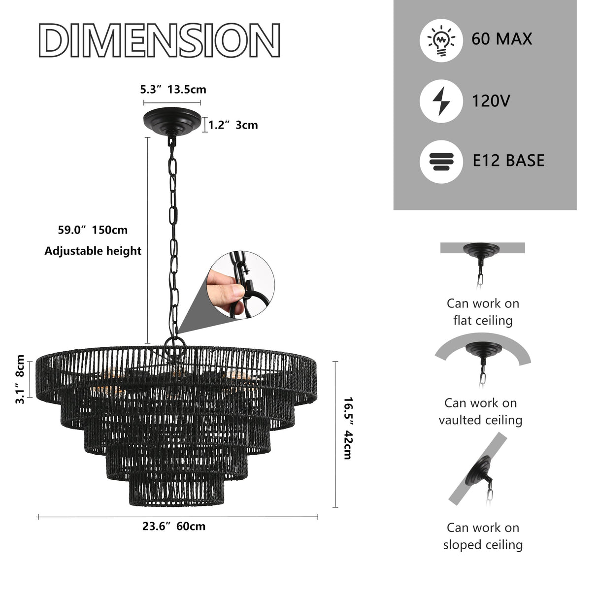 24' Rustic 5-Tier Black Hemp Rope Pendant Light Chandelier