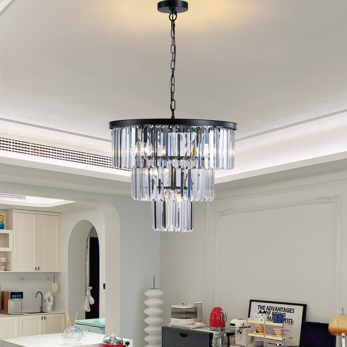 20' Modern Crystal Chandelier with Black Finish – Elegant 7-Light Pendant Light with 3 Tier Crystal Strands for Dining Room, Living Room, or Bedroom (Bulb Not Included)