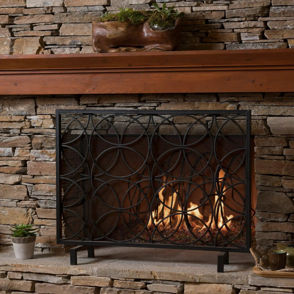 Thayer Single Panel Iron Fireplace Screen With Geometric Design