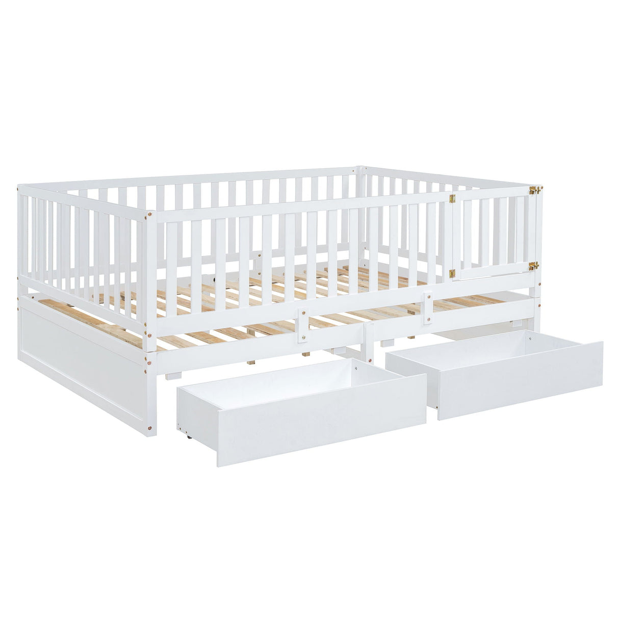 Daybed With Fence Guardrails And 2 Drawers, Split Into Independent Floor Bed & Daybed