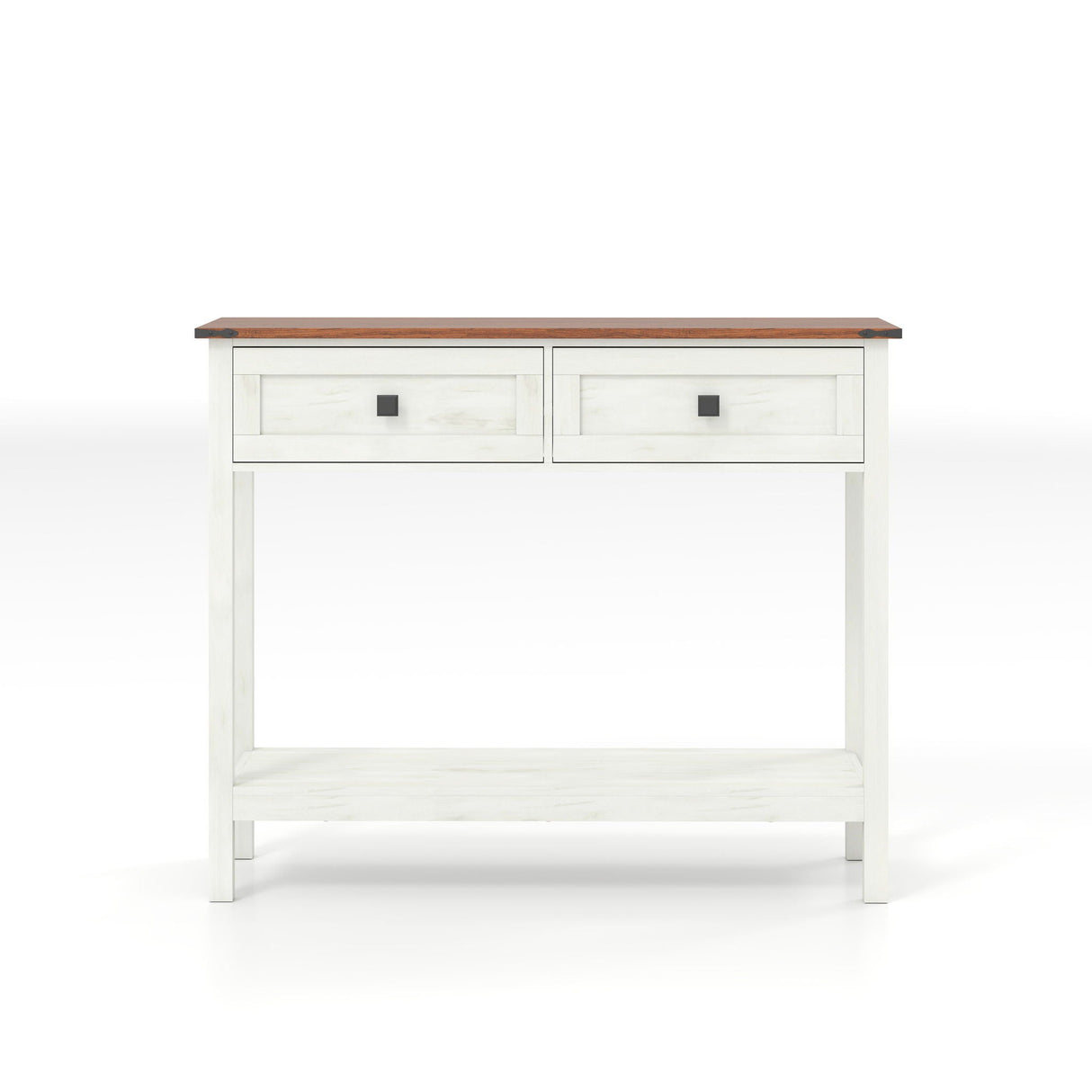 Farmhouse Style Console Table With 2 Drawers And Bottom Storage Shelf