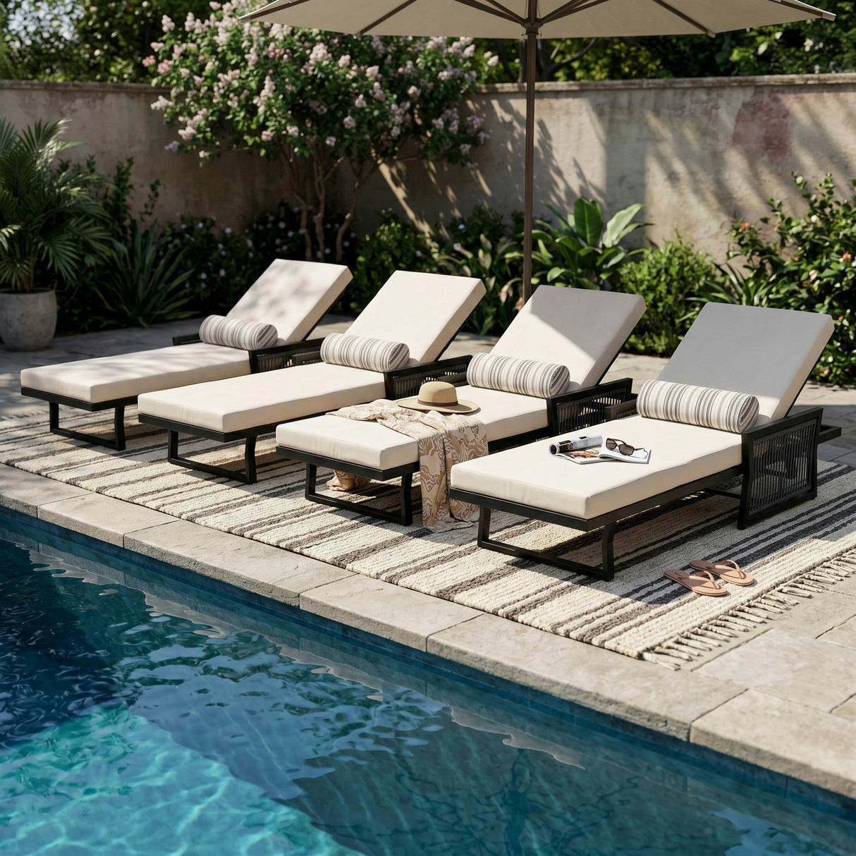 Black Iron Outdoor Chaise Lounge with Cream Cushion