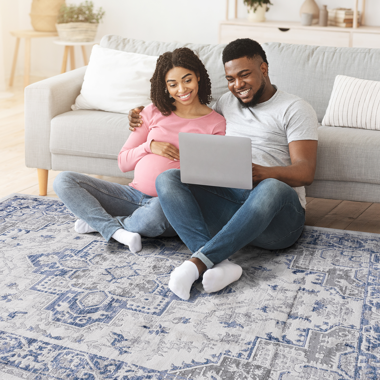 NAAR MARFI Collection 2X3 Blue/Grey/Oriental Non-Shedding and Stain Resistant Area Rug