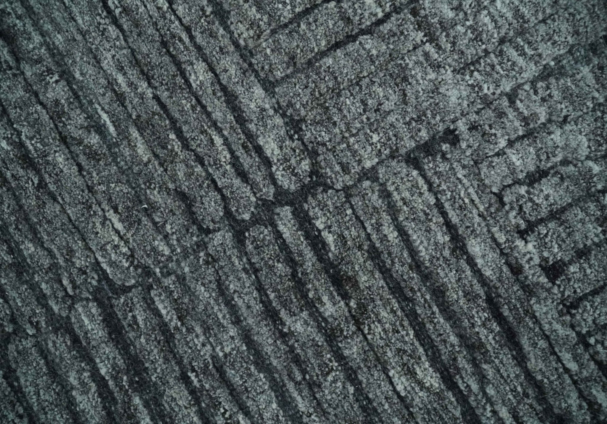 Charcoal Contemporary Stripes Pattern Hand Knotted 9.3x14.8 Wool Area Rug