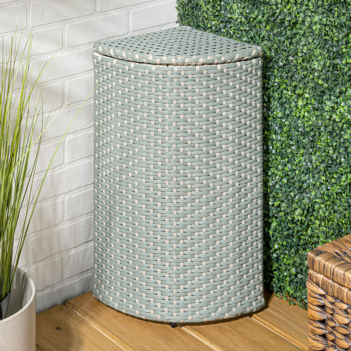 Chloe all - weather wicker/metal corner hideaway outdoor trash can - Tuesday Morning - Outdoor Trash Cans