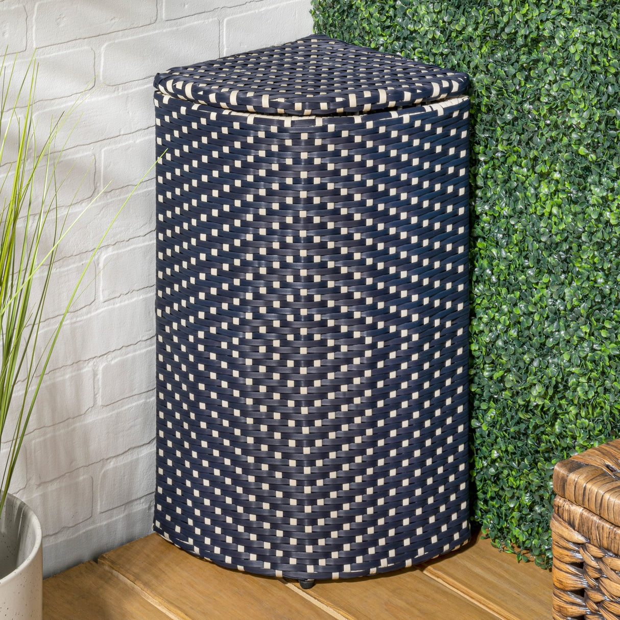 Chloe all - weather wicker/metal corner hideaway outdoor trash can - Tuesday Morning - Outdoor Trash Cans
