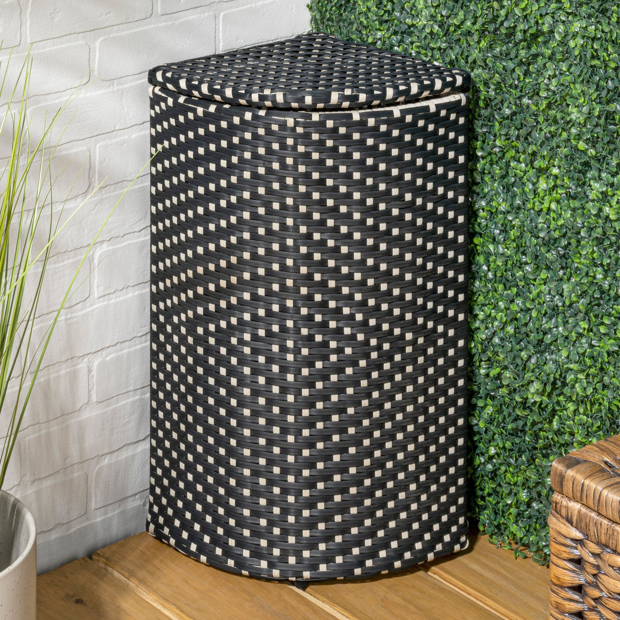 Chloe all - weather wicker/metal corner hideaway outdoor trash can - Tuesday Morning - Outdoor Trash Cans
