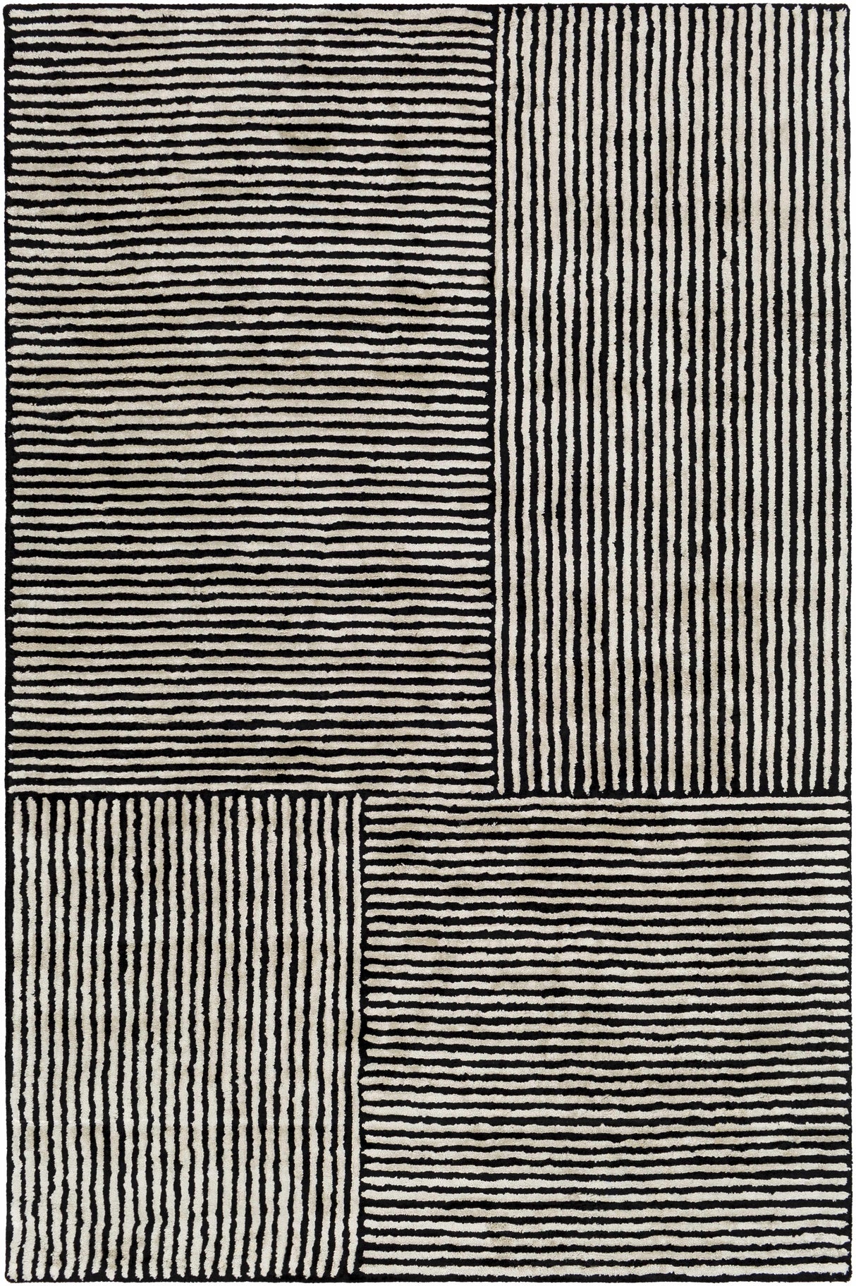 Black&White Striped Sheen Viscose Area Rug
