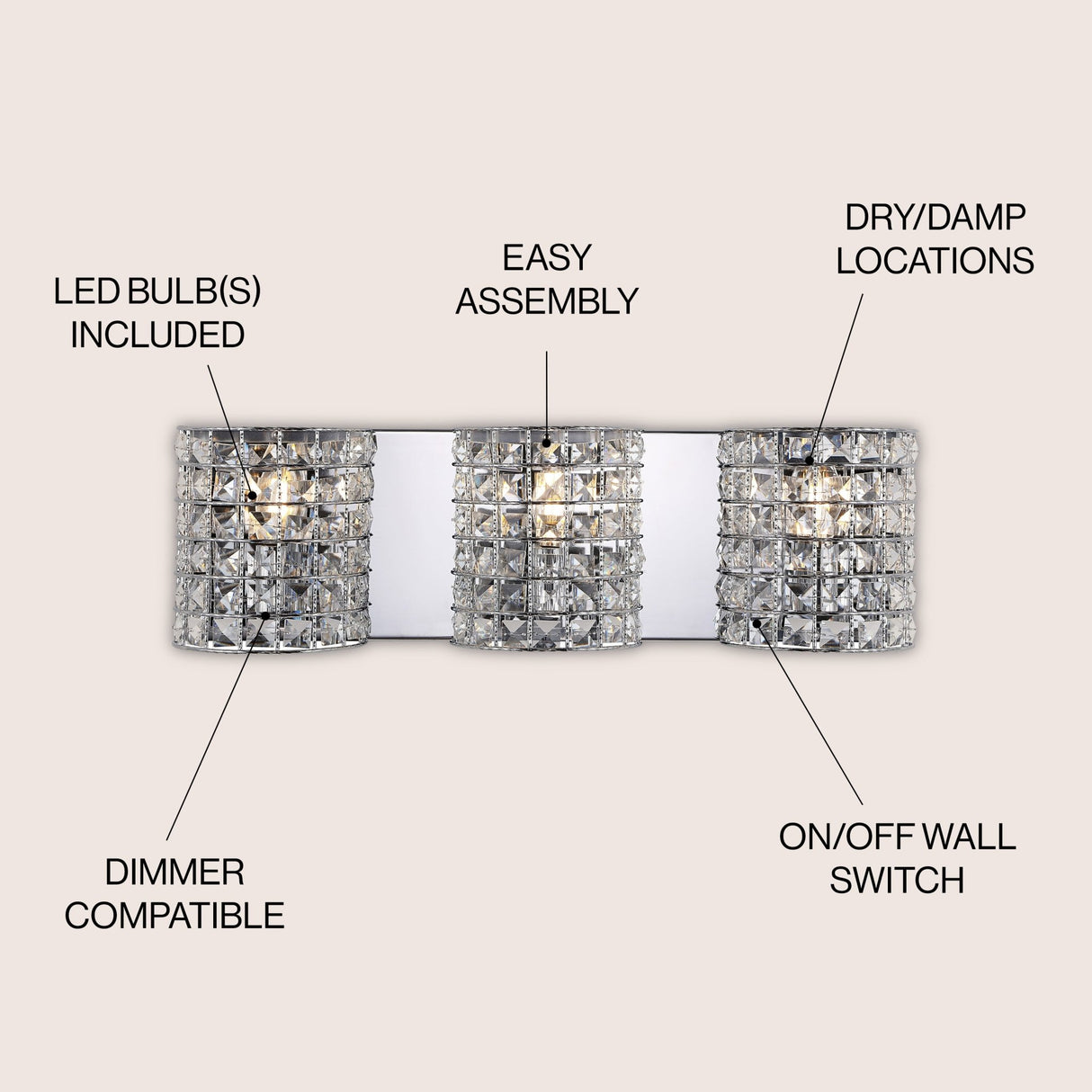 Clara 3 - light metal/crystal classic glam led vanity light - Tuesday Morning - Bathroom Vanity Lights