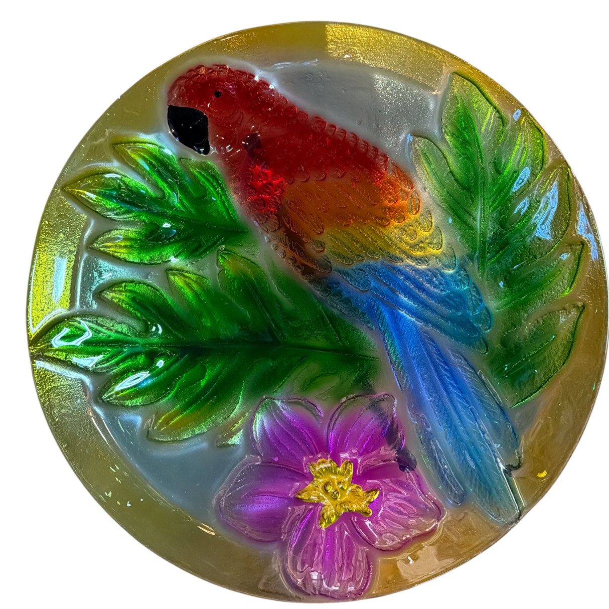 Parrot Fused Glass Bird Bath