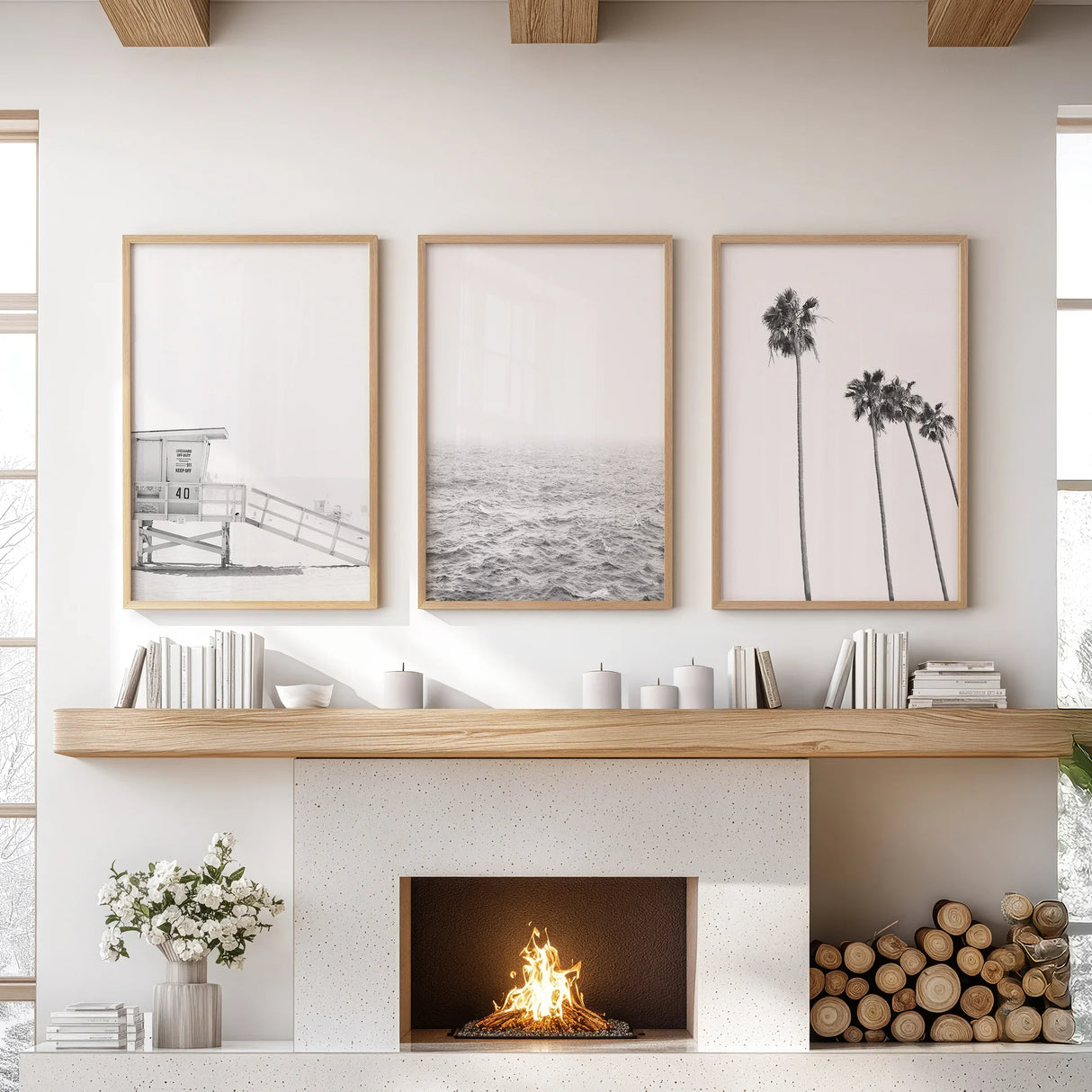 Black White Coastal Wall Art Set: Palms, Ocean, Lifeguard