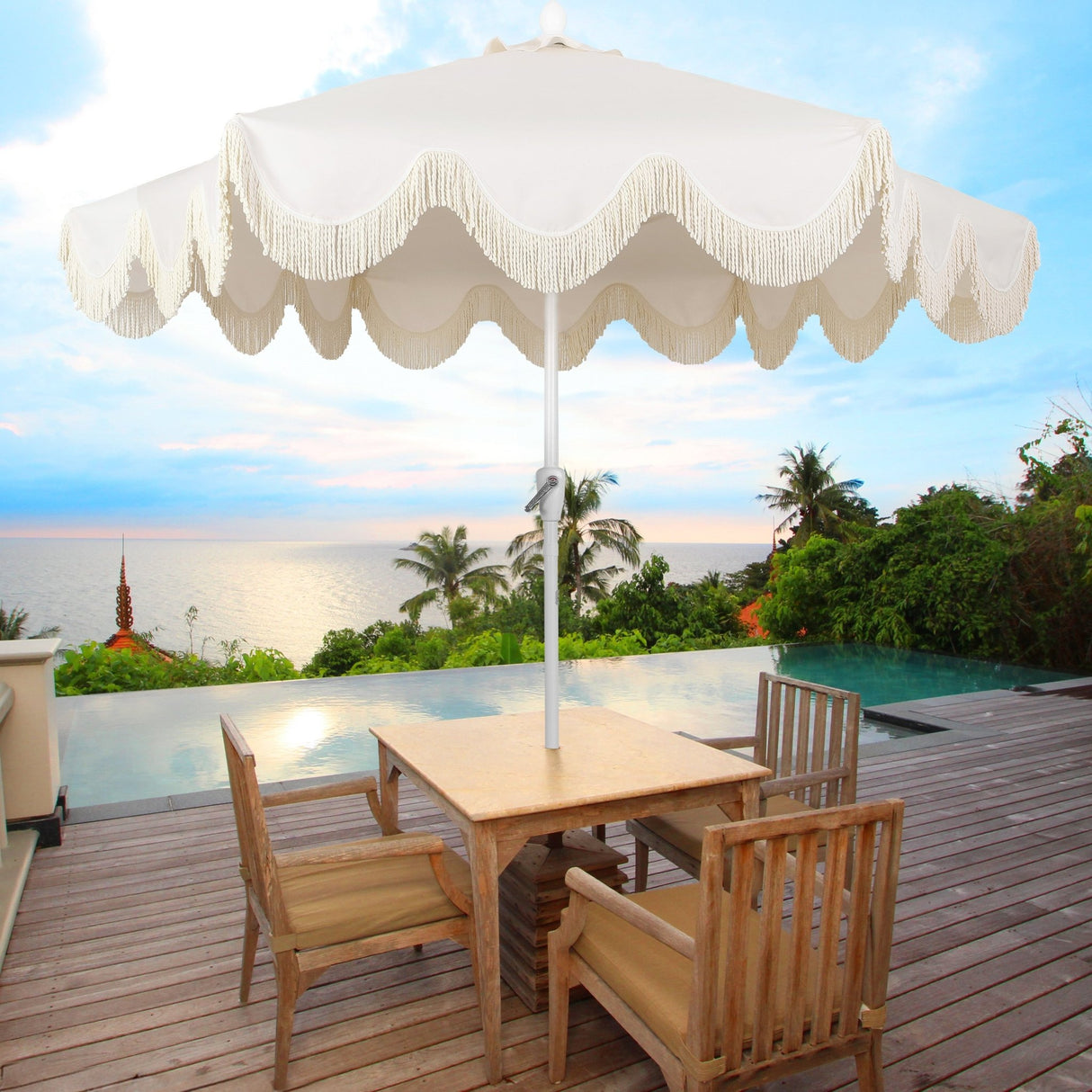Collins classic cottage tassel market patio umbrella with auto - tilt - Tuesday Morning - Umbrellas & Sunshades