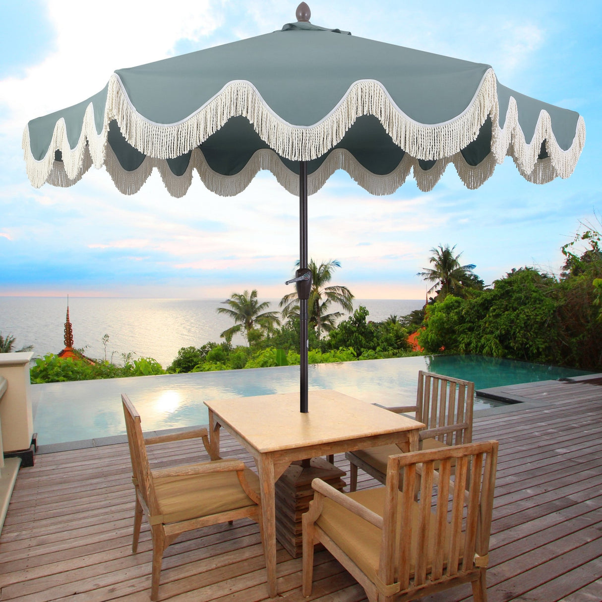 Collins classic cottage tassel market patio umbrella with auto - tilt - Tuesday Morning - Umbrellas & Sunshades