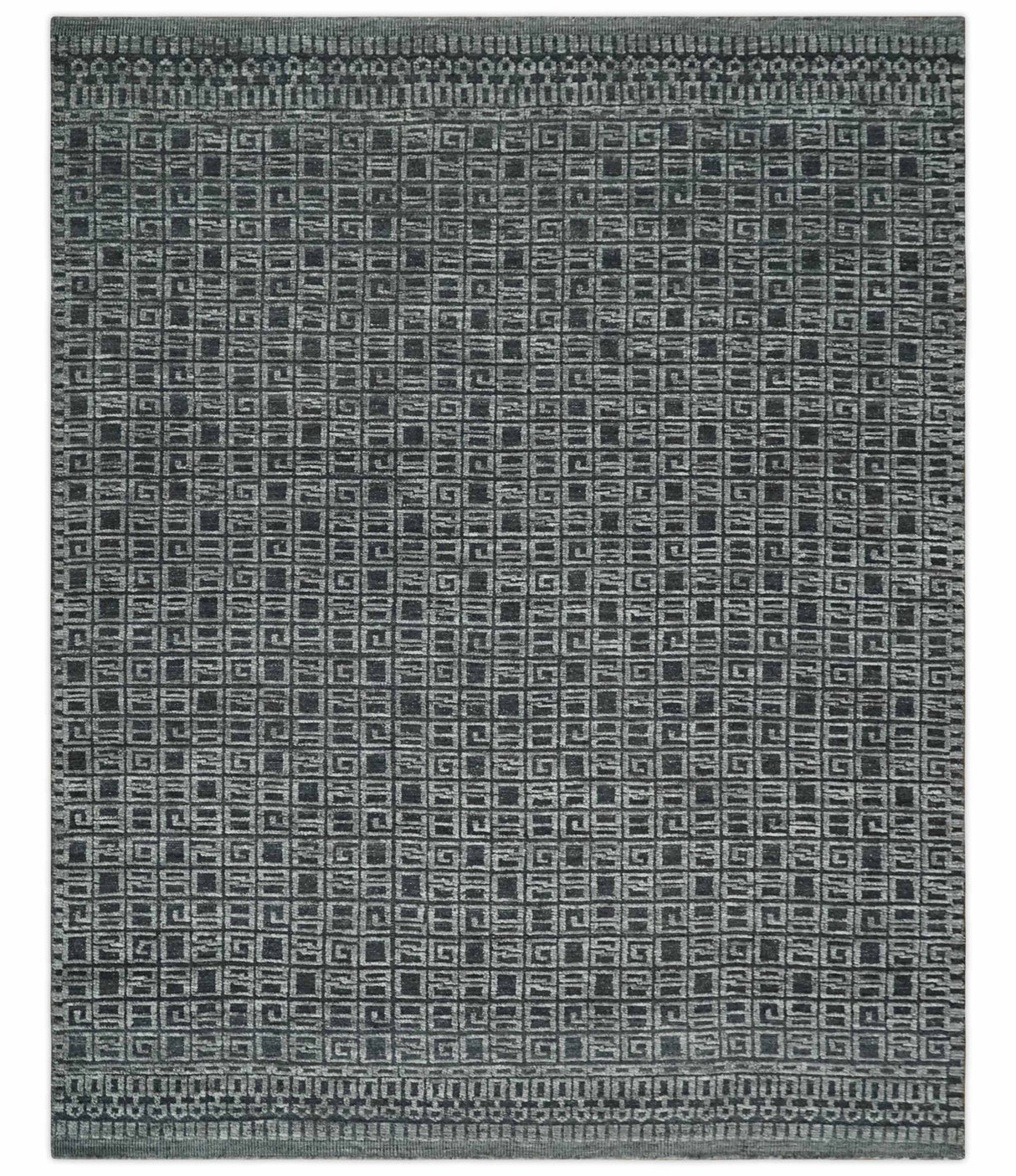 Contemporary Hand carved 8x10 Silver and Charcoal Traditional Geometrical Pattern Hand Knotted Wool Area Rug