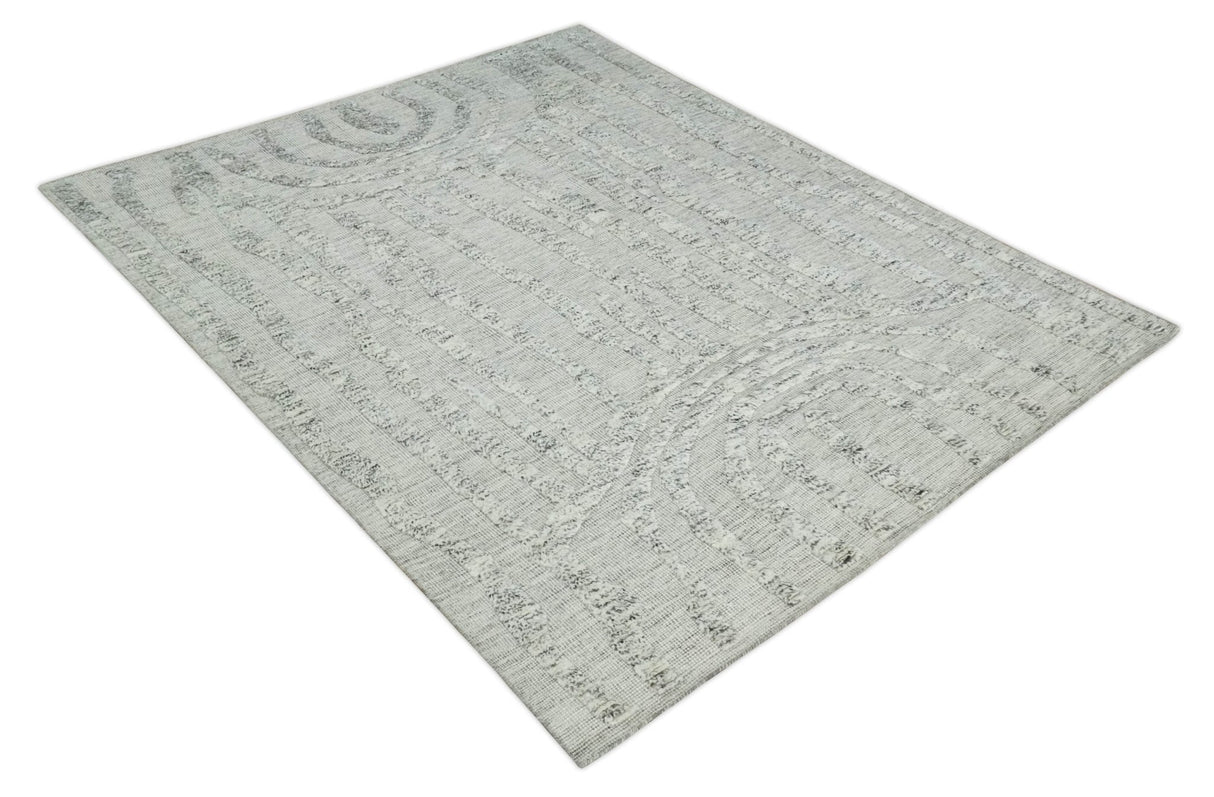 Contemporary Pattern Hand knotted High Low Ivory and Charcoal 8x10 wool Area Rug