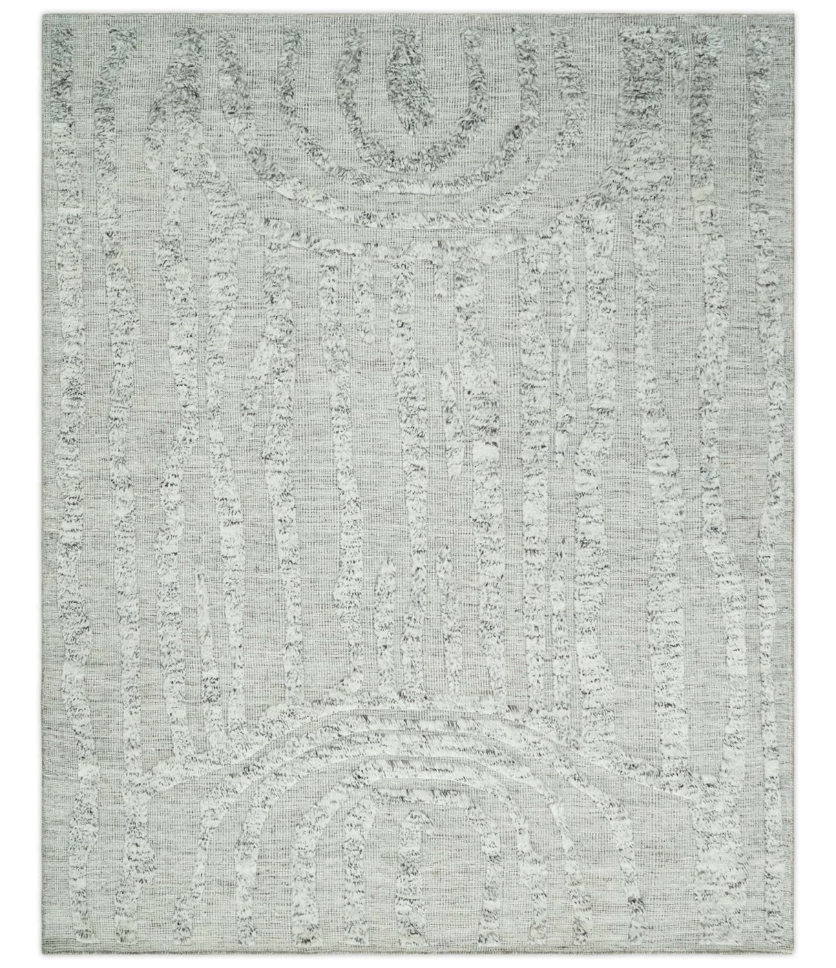 Contemporary Pattern Hand knotted High Low Ivory and Charcoal 8x10 wool Area Rug