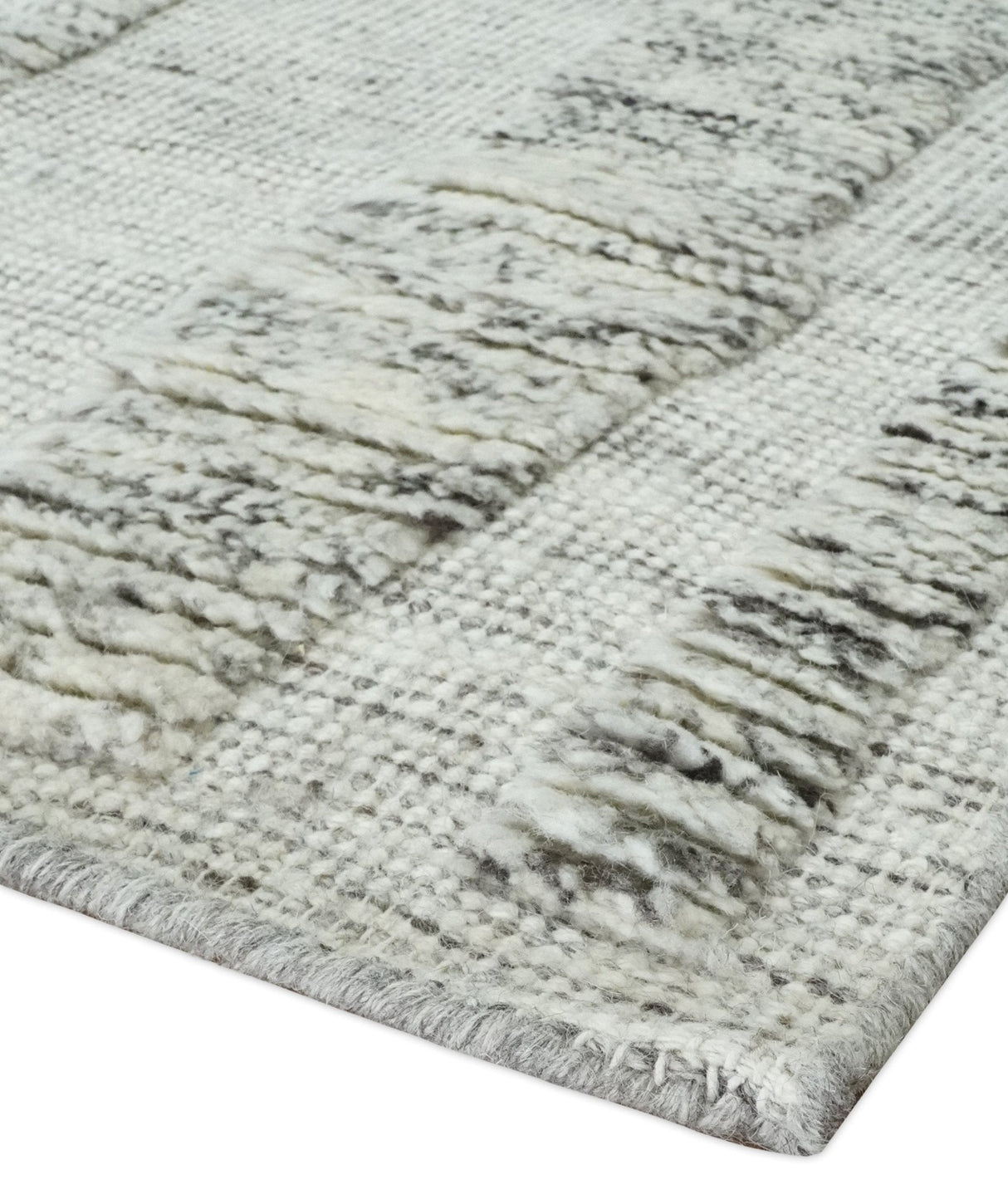Contemporary Pattern Hand knotted High Low Ivory and Charcoal 8x10 wool Area Rug