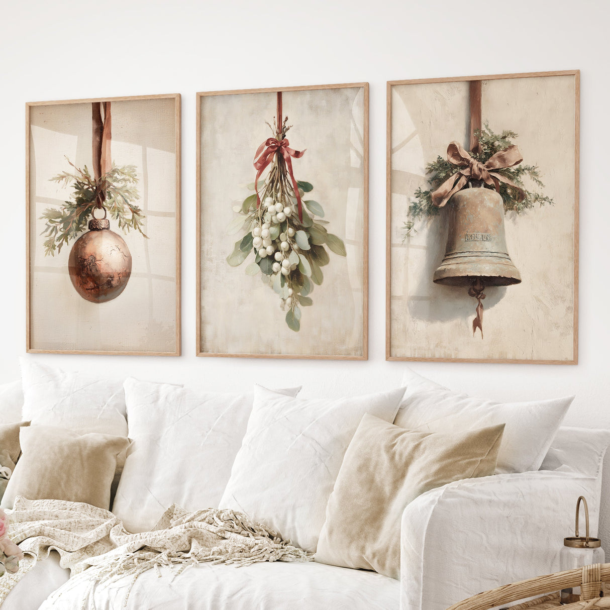 Rustic-Holiday-Set-of-3-Prints:-Vintage-Christmas-Bell-Art-Set-of-3-Prints