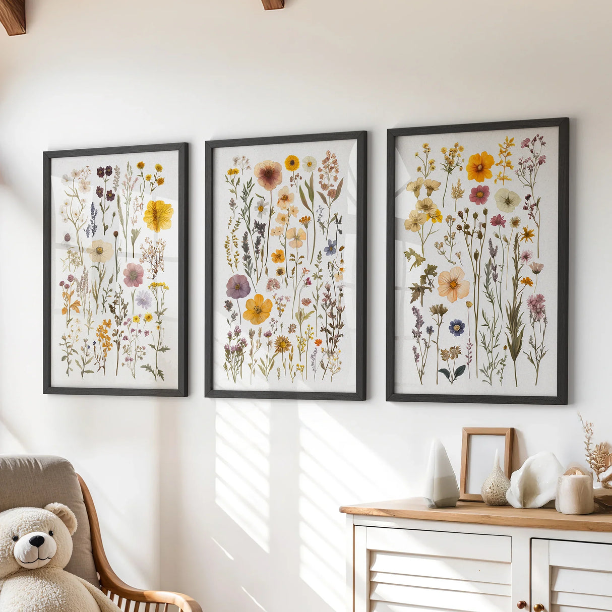 Colorful Botanical Flower Set of 3. Wildflower Prints