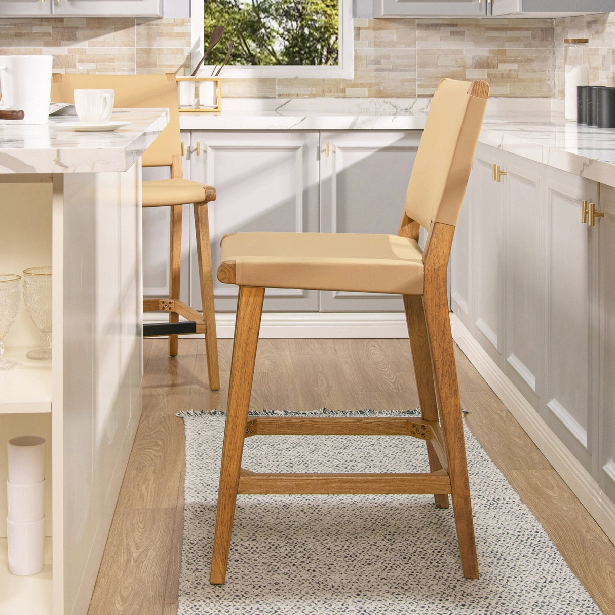 Counter Stool with Wood Frame, Open Back and Footrest - Counter Stools
