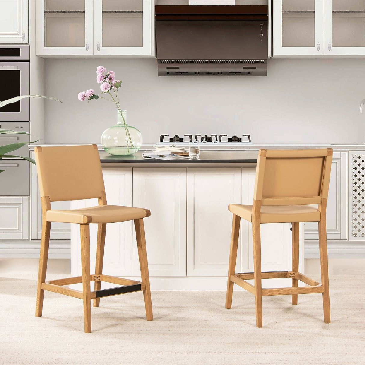 Counter Stool with Wood Frame, Open Back and Footrest - Counter Stools