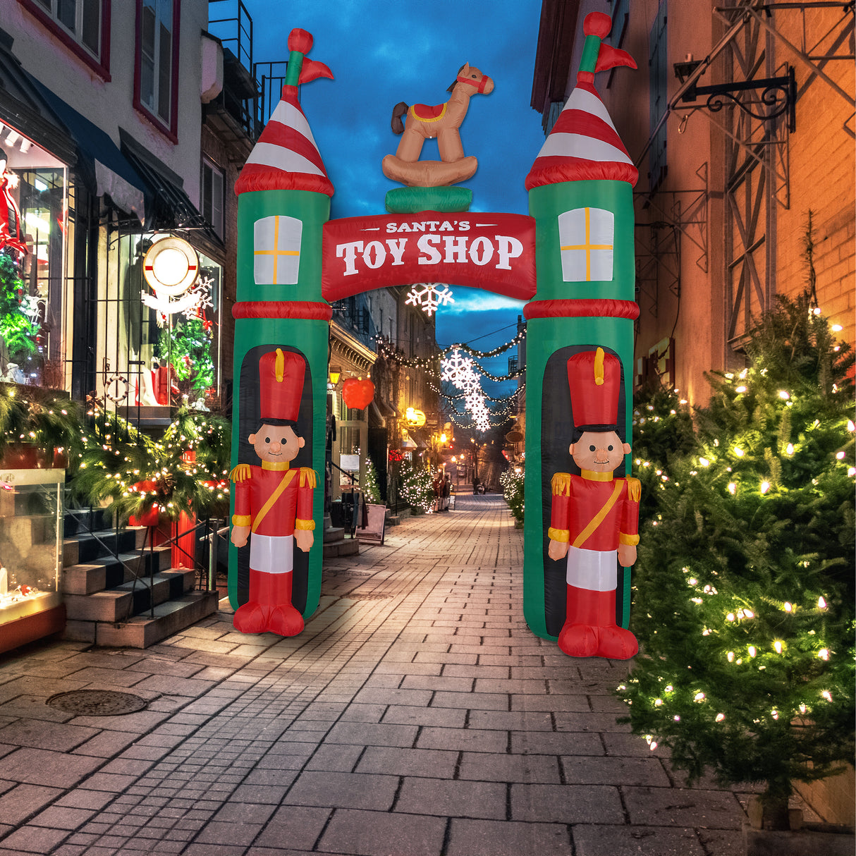 10-Ft.-Santa's-Toy-Shop-Archway-w/-Toy-Soldiers-and-Rocking-Horse,-Prelit-Outdoor-Christmas-Inflatable-with-Storage-Bag-Christmas