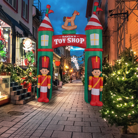10-Ft.-Santa's-Toy-Shop-Archway-w/-Toy-Soldiers-and-Rocking-Horse,-Prelit-Outdoor-Christmas-Inflatable-with-Storage-Bag-Christmas