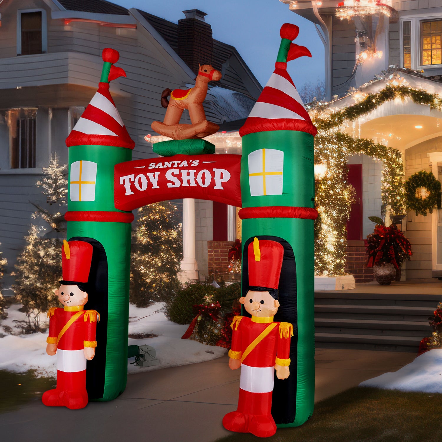 10-Ft. Santa's Toy Shop Archway w/ Toy Soldiers and Rocking Horse, Prelit Outdoor Christmas Inflatable with Storage Bag