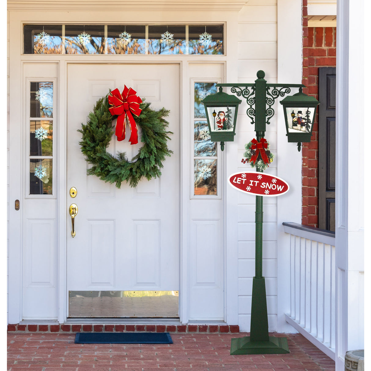 74-In.-Musical-Christmas-Dual-Lantern-Street-Lamp-with-Santa,-Snowman,-1-Sign,-and-Cascading-Snow,-Green-Christmas