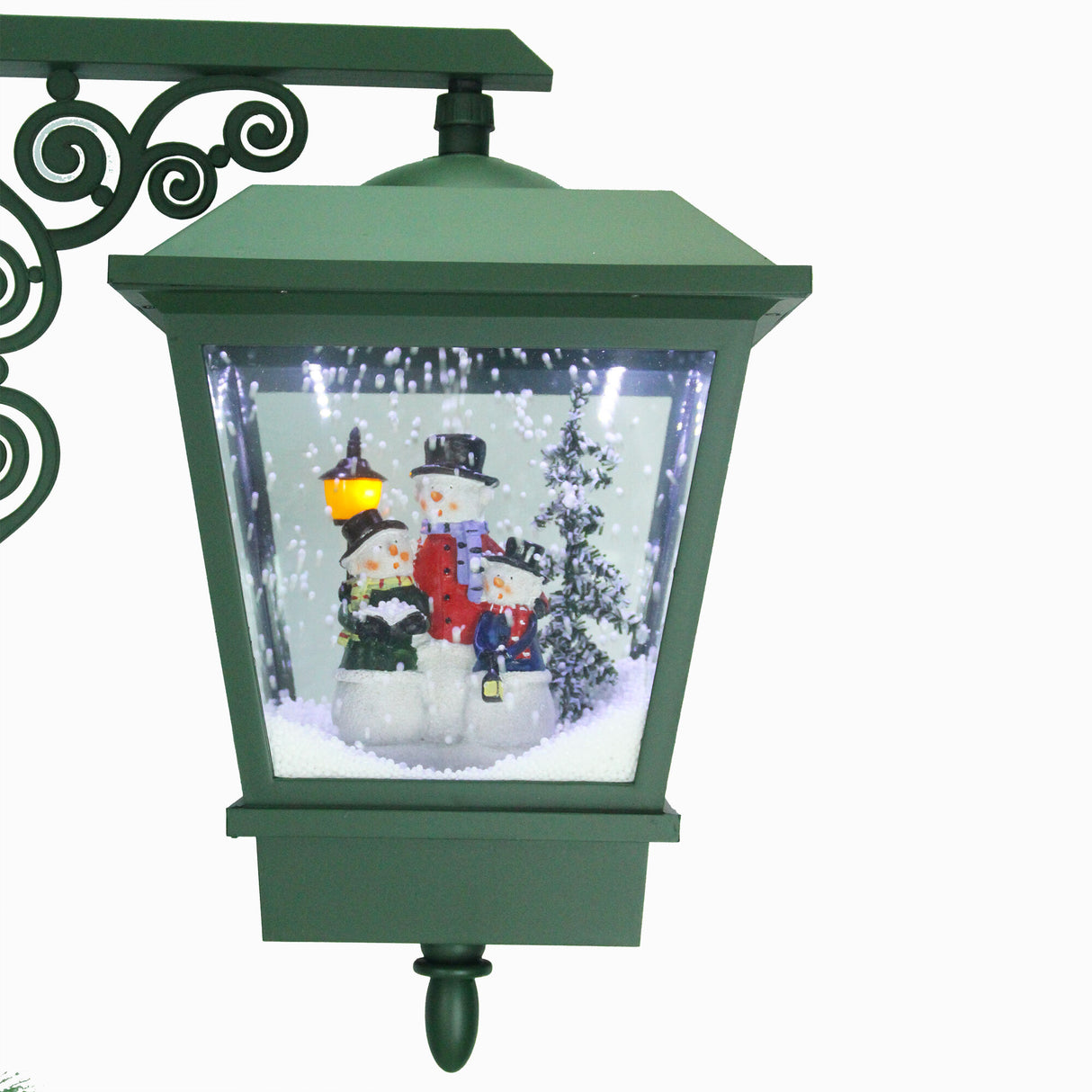 74-In. Musical Christmas Dual-Lantern Street Lamp with Santa, Snowman, 1 Sign, and Cascading Snow, Green