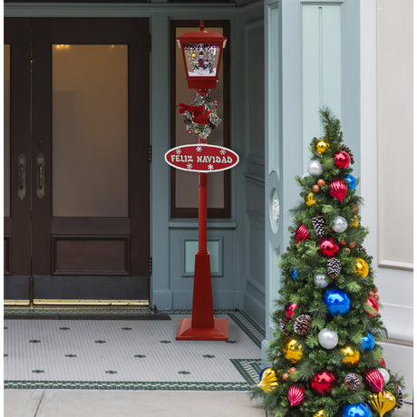 71-In.-Musical-Snowy-Street-Lamp-with-Snowman-Trio-Scene,-2-Signs,-Cascading-Snow,-and-Christmas-Carols,-Red-Christmas
