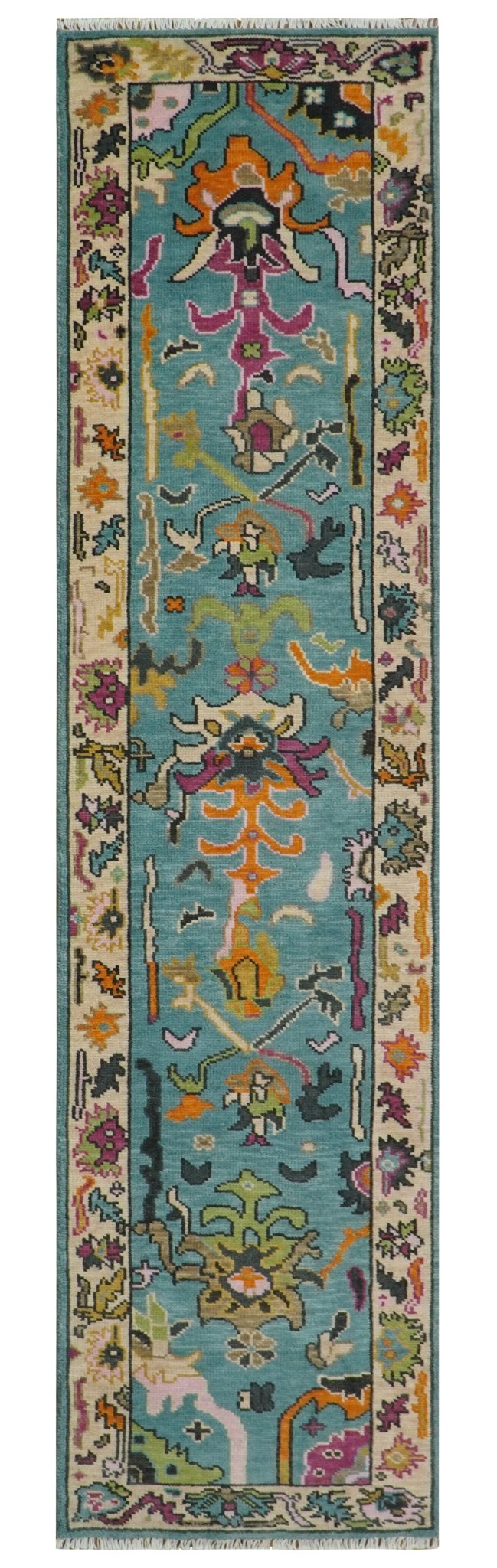 Custom Made Blue And Beige Oushak Hand Knotted Runner Wool Rug