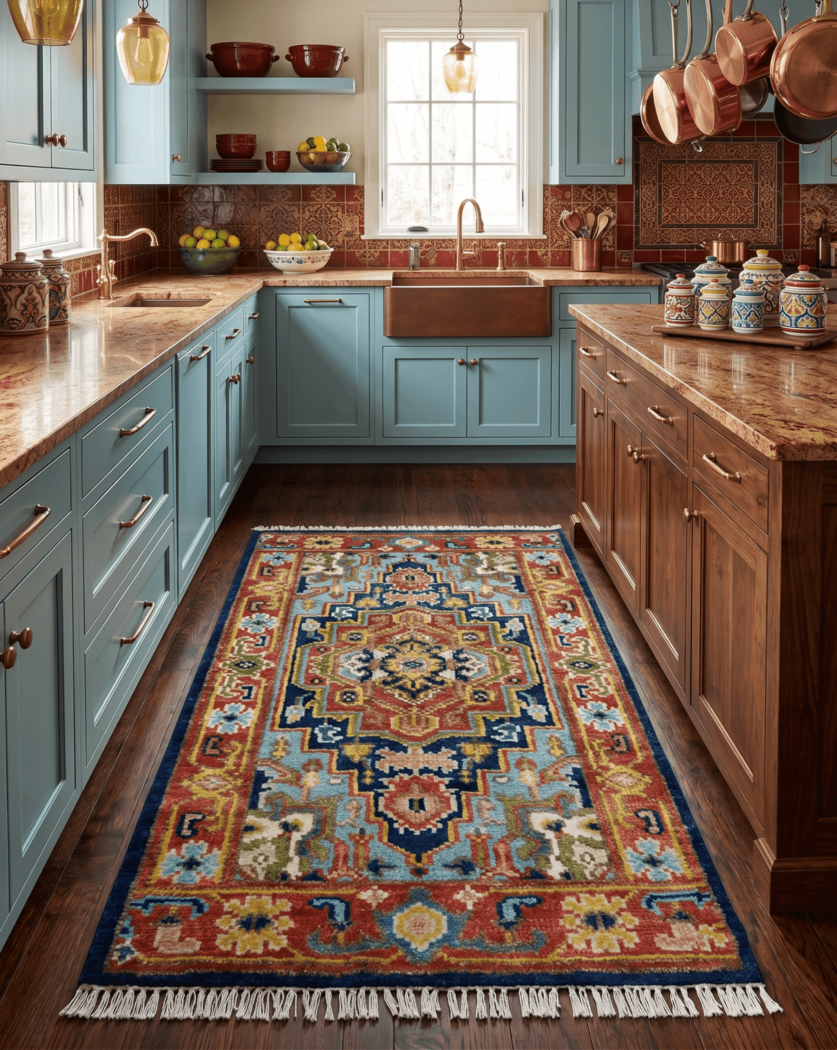 Custom Made Hand Knotted Traditional Rust And Blue Runner Wool Rug