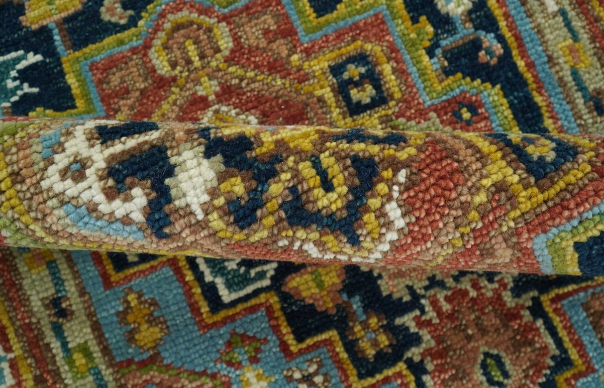 Custom Made Hand Knotted Traditional Rust And Blue Runner Wool Rug